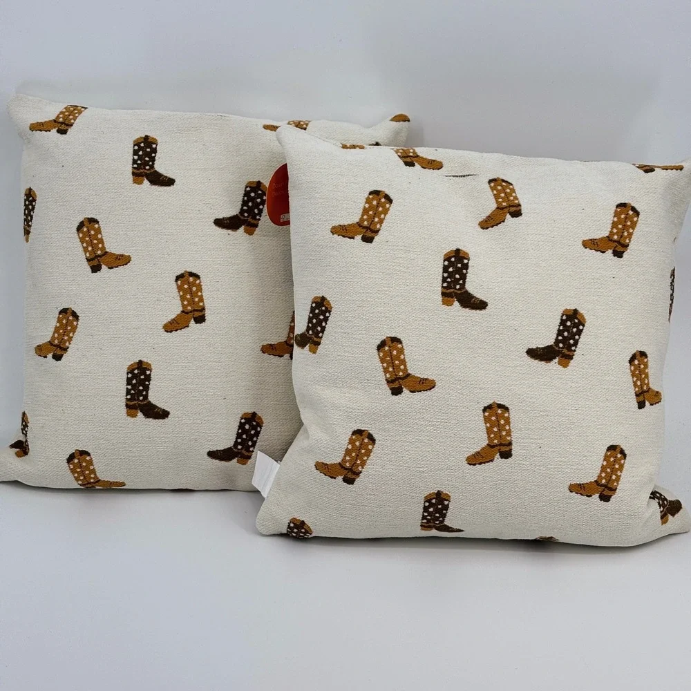 C&C California Home Throw Pillows Set of 2 Cream Brown Cowboy Boot Western 20x20